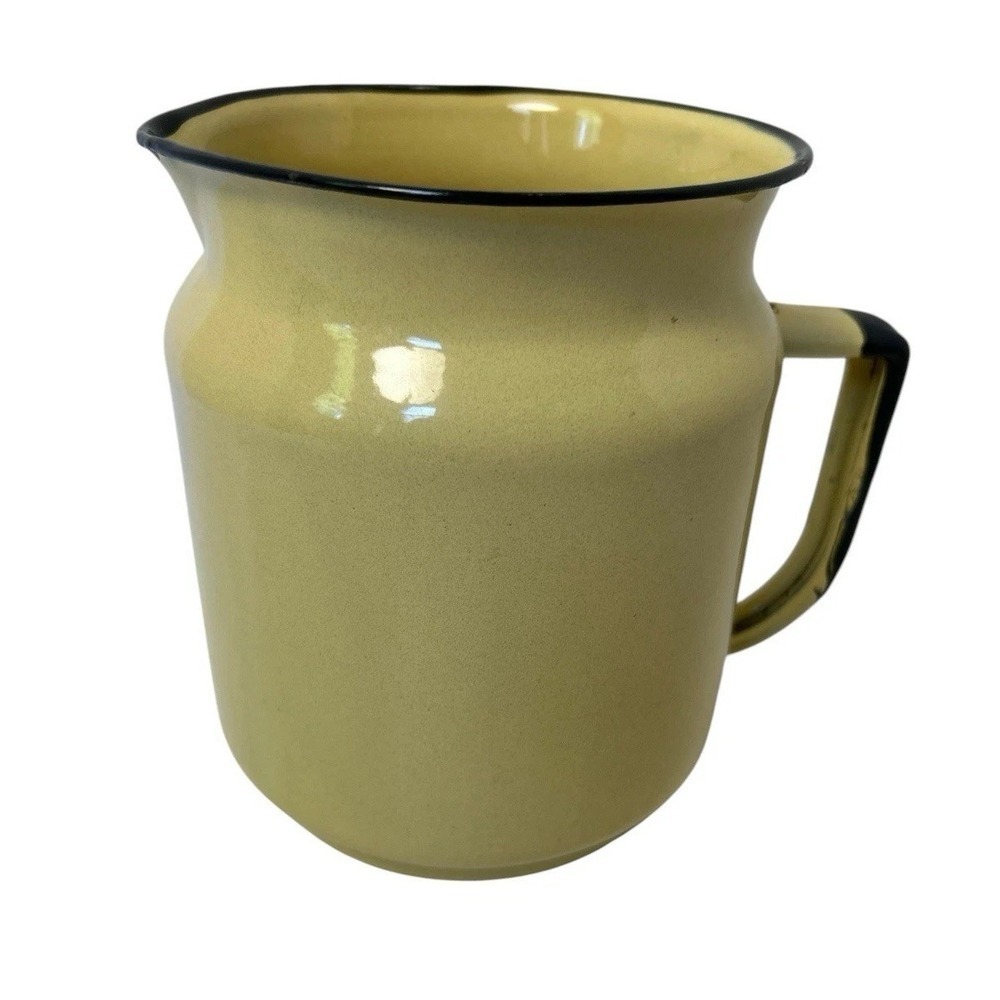 Vtg Enamelware Pitcher Yellow Black Trim Farmhouse Cottagecore Rustic